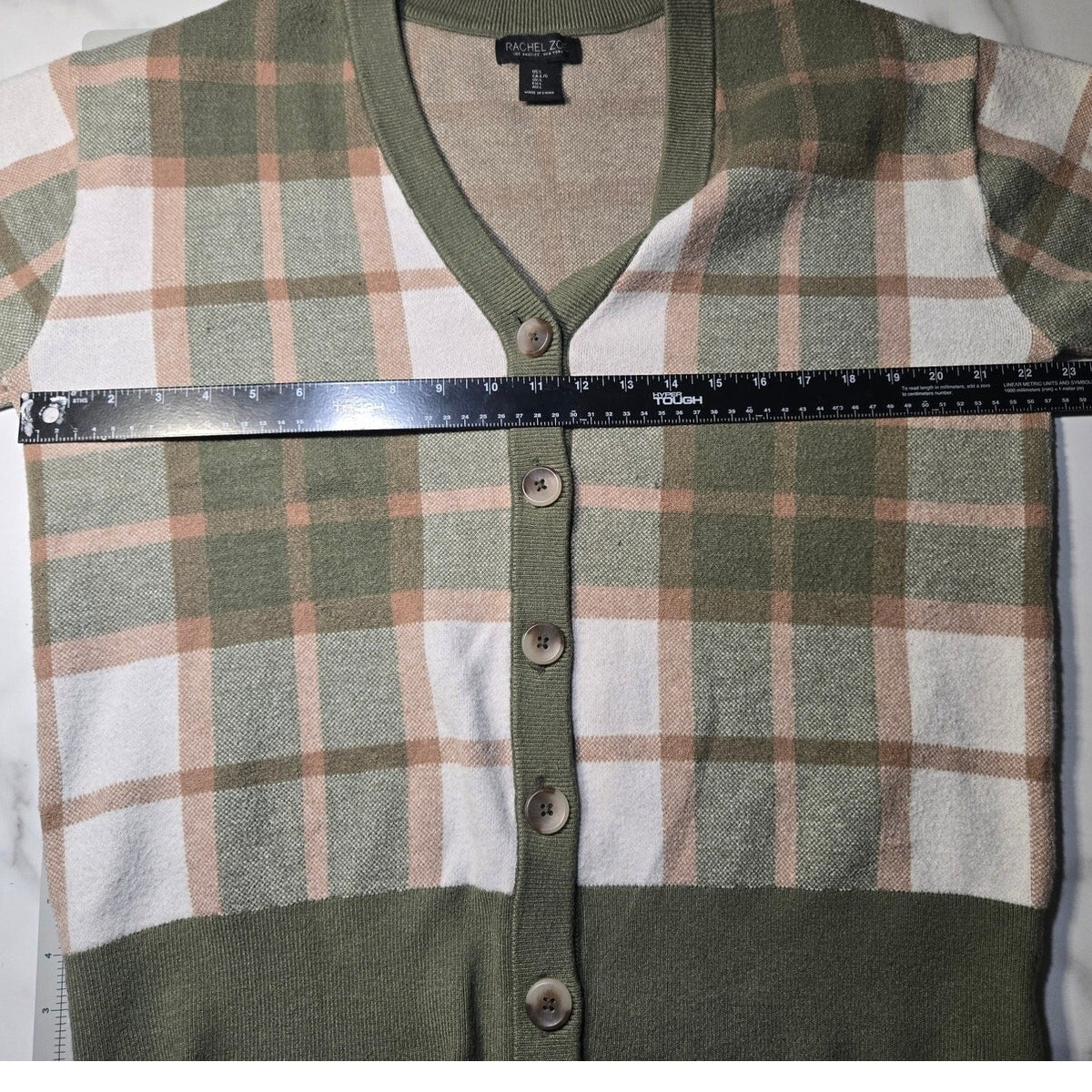 Rachel Zoe Plaid V-Neck Soft Knit Cardigan Sweater Olive Green Cream Size Medium