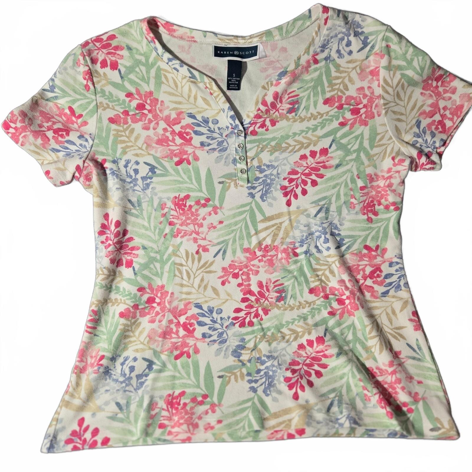 Karen Scott Women's Floral Print Short Sleeve Blouse, Multi-Color, Size Medium