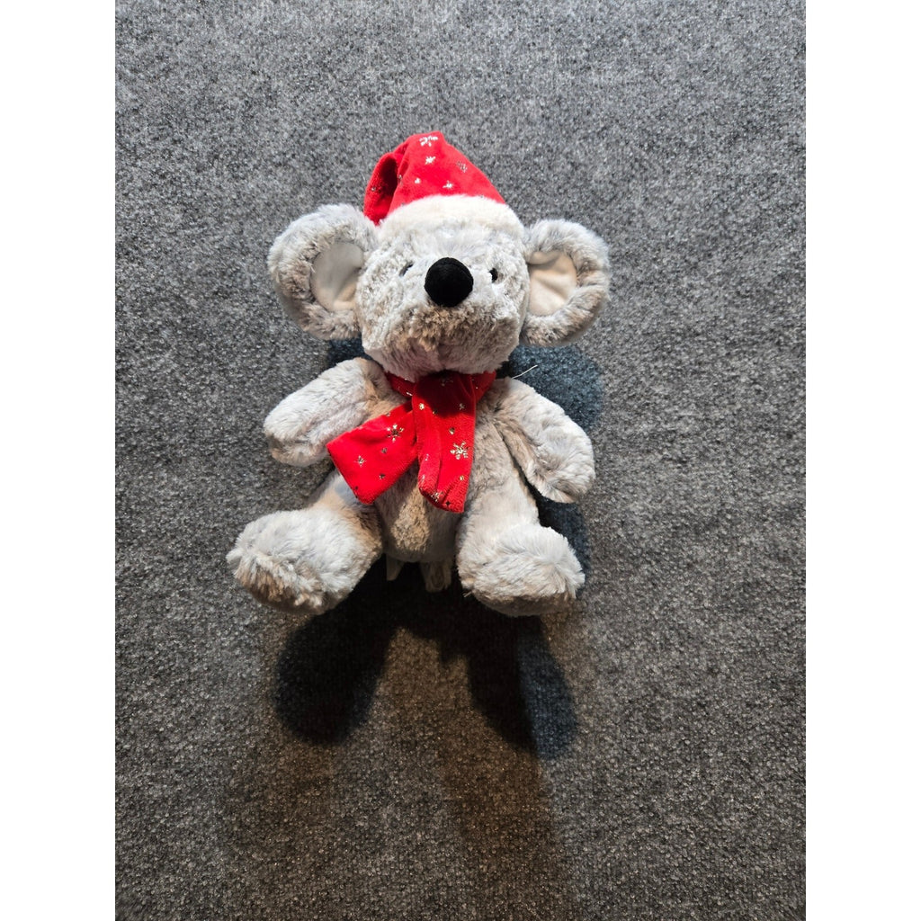 Vintage Gray Christmas Mouse Plush Stuffed Animal Red Santa Hat & Scarf Holiday