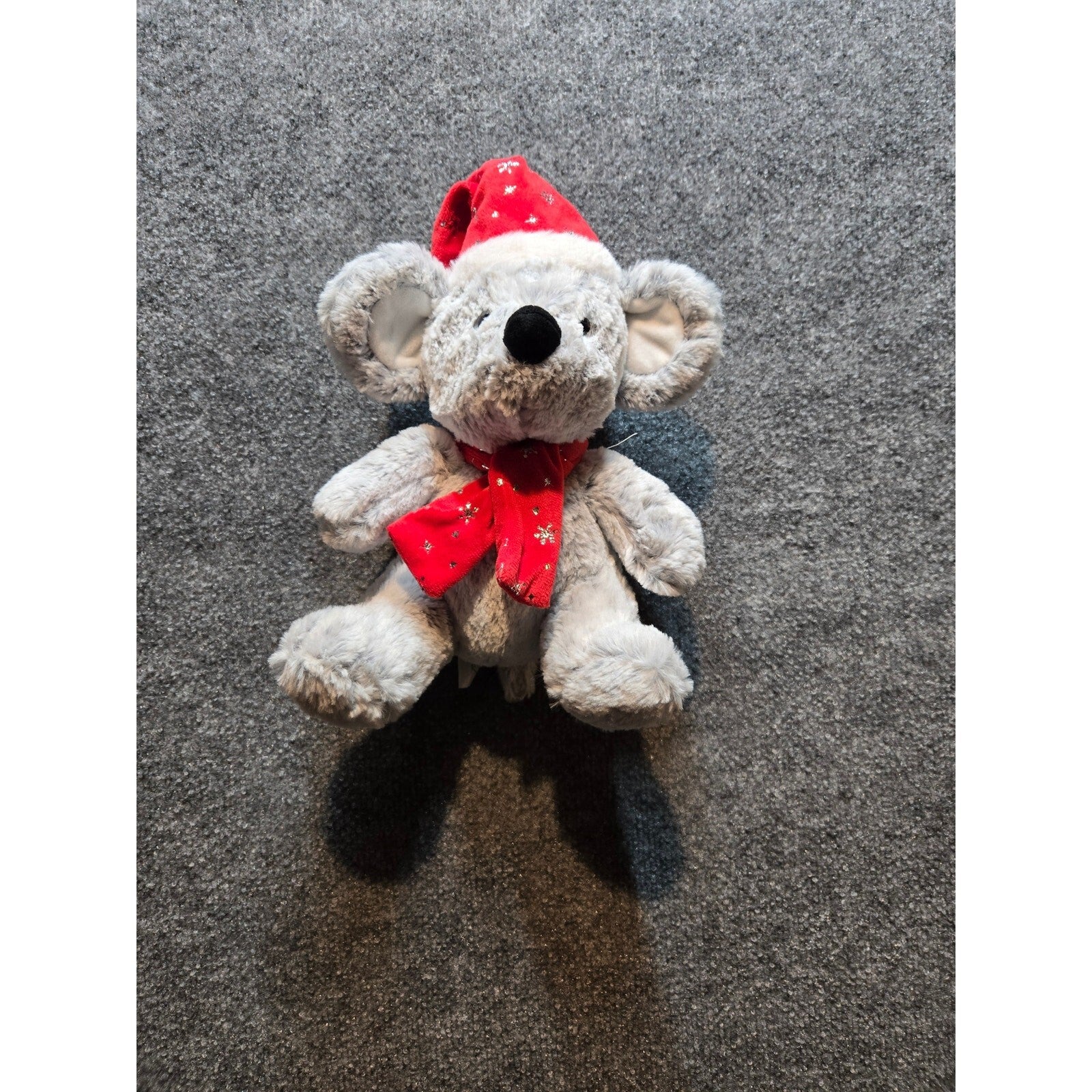 Vintage Gray Christmas Mouse Plush Stuffed Animal Red Santa Hat & Scarf Holiday