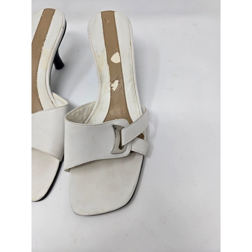Vintage White Leather Open Toe Slide Sandals Kitten Heels Silver Buckle  9m