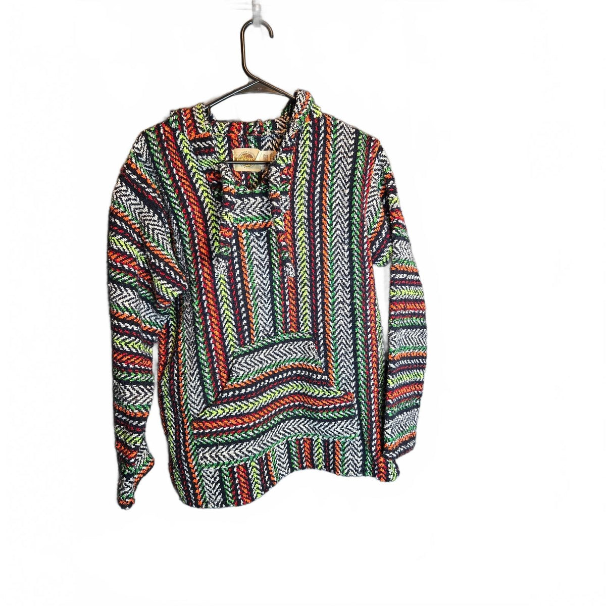 Vintage Earth Ragz Hoodie Size Medium Multicolor Cheveron Striped Woven Drug Rug