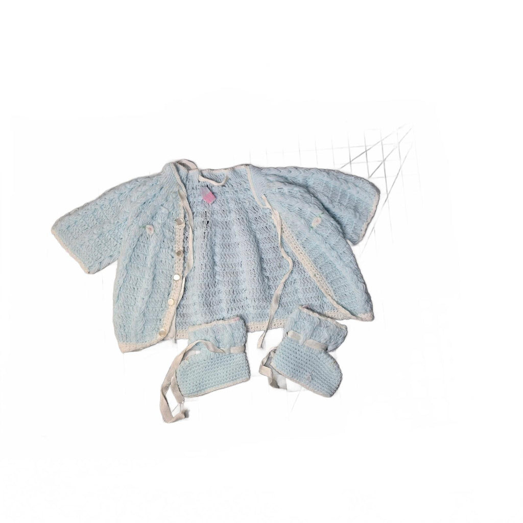 Vintage Handmade In Korea Baby Sweater And Booties set Blue And White