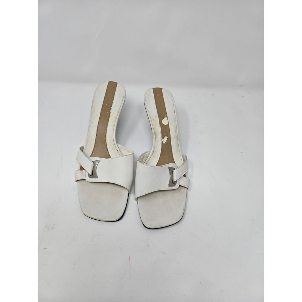Vintage White Leather Open Toe Slide Sandals Kitten Heels Silver Buckle  9m