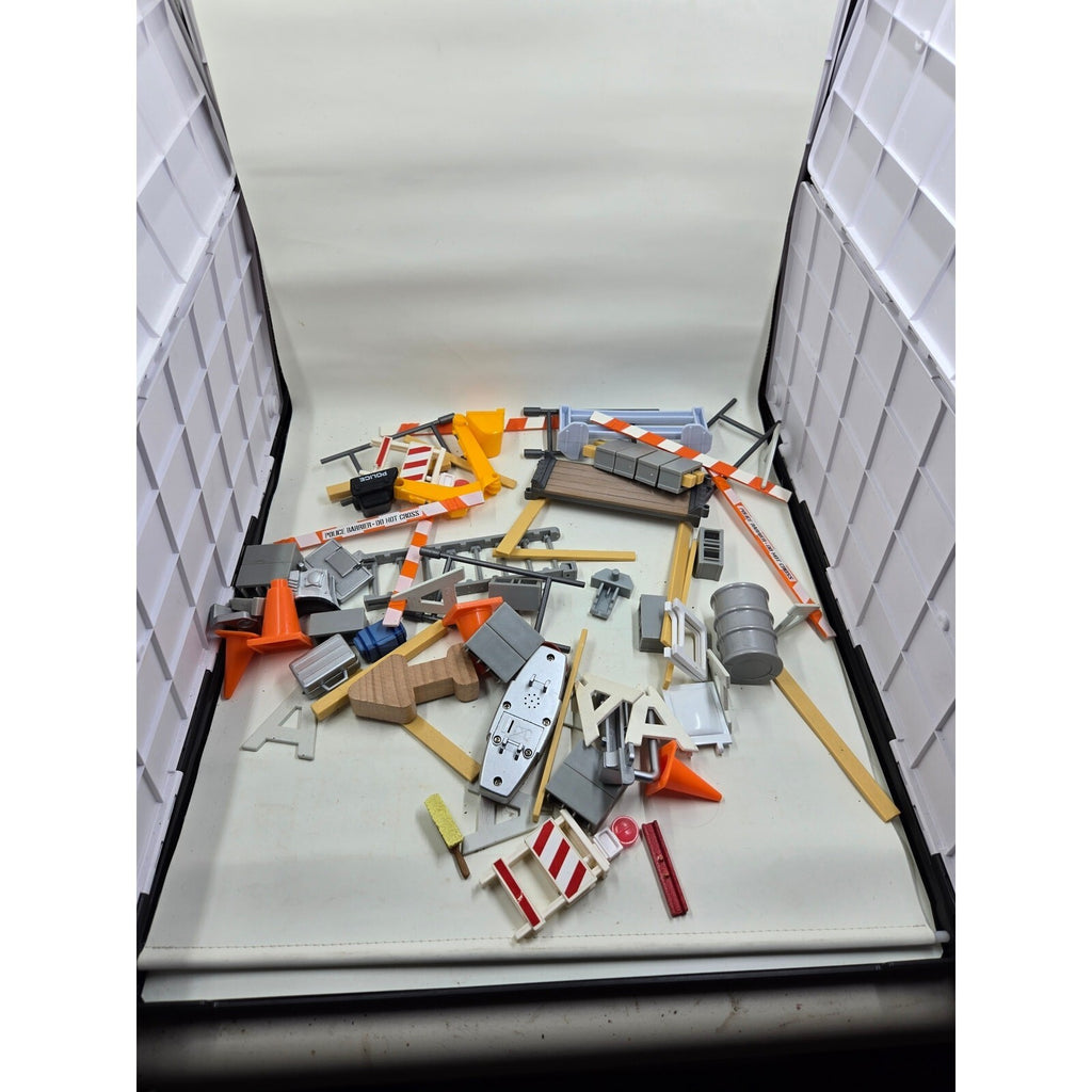 Lot of Toy Construction Accessories with Police Barriers, Traffic Cones,