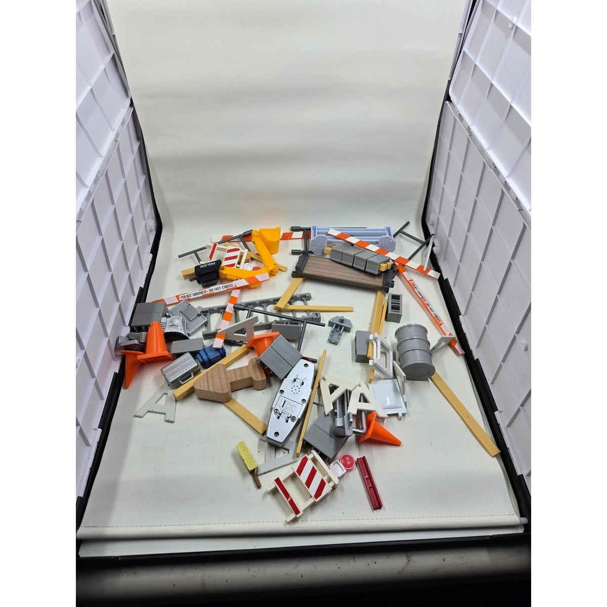 Lot of Toy Construction Accessories with Police Barriers, Traffic Cones,