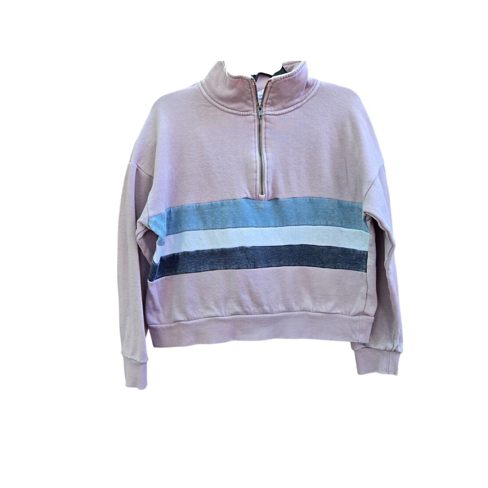 Pink Rose Women's Zip-Up Sweater with Color Block Stripes, Size Medium, Fair