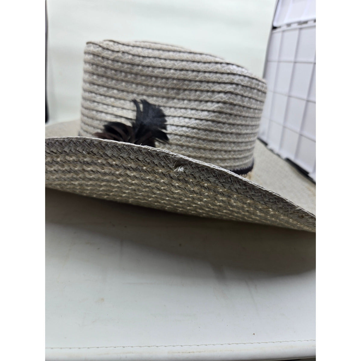Vintage Western Straw Panama Fedora Hat Gray Woven Center Dent Side Feather