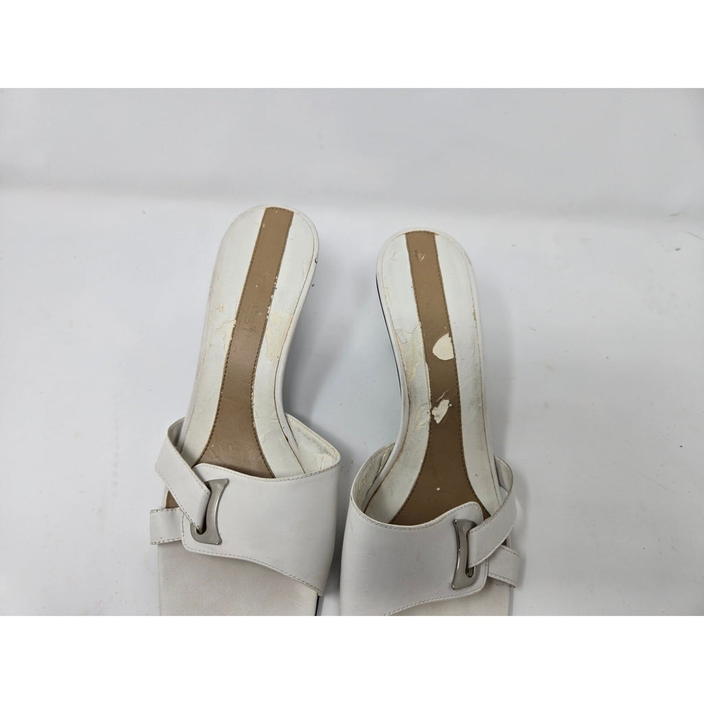 Vintage White Leather Open Toe Slide Sandals Kitten Heels Silver Buckle  9m