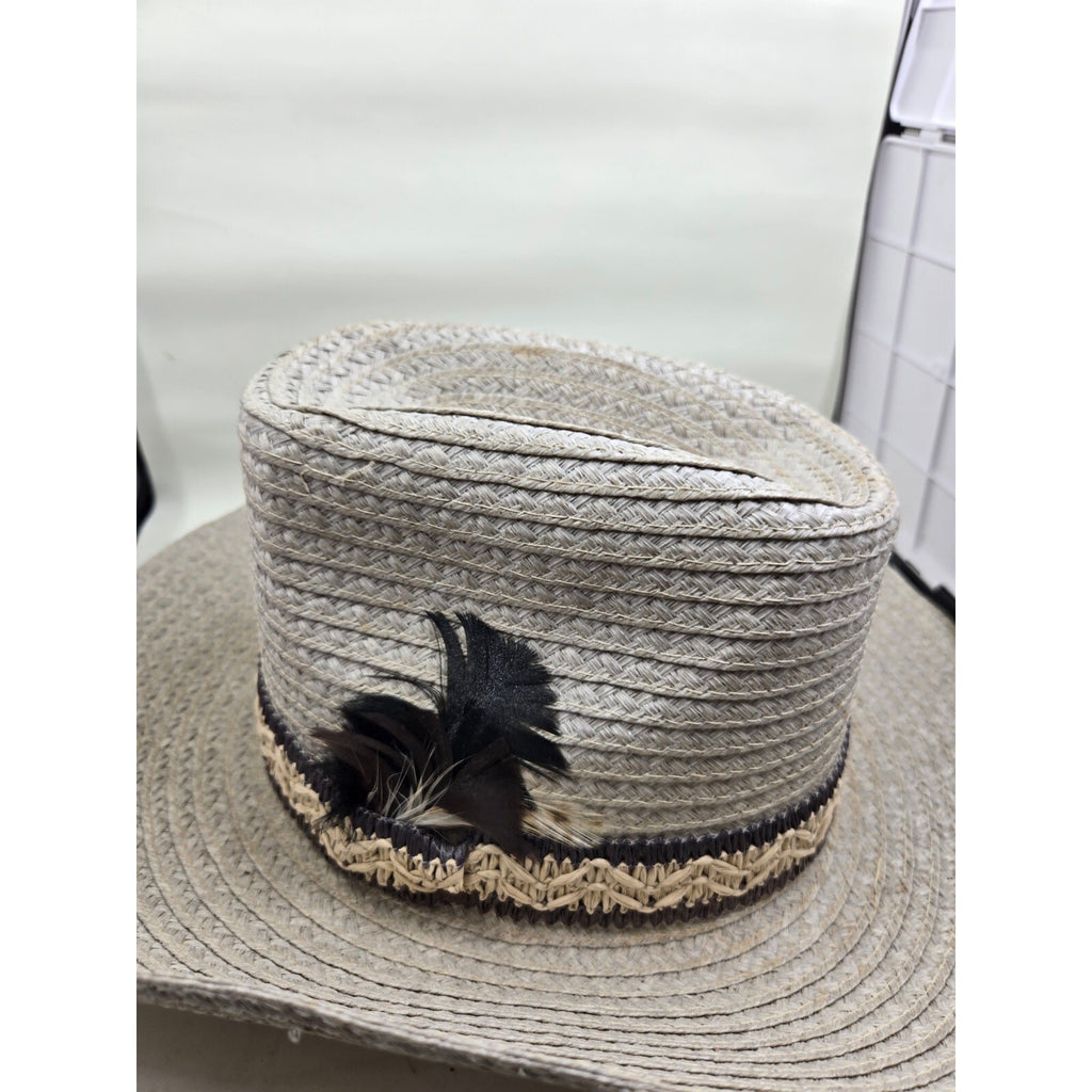 Vintage Western Straw Panama Fedora Hat Gray Woven Center Dent Side Feather