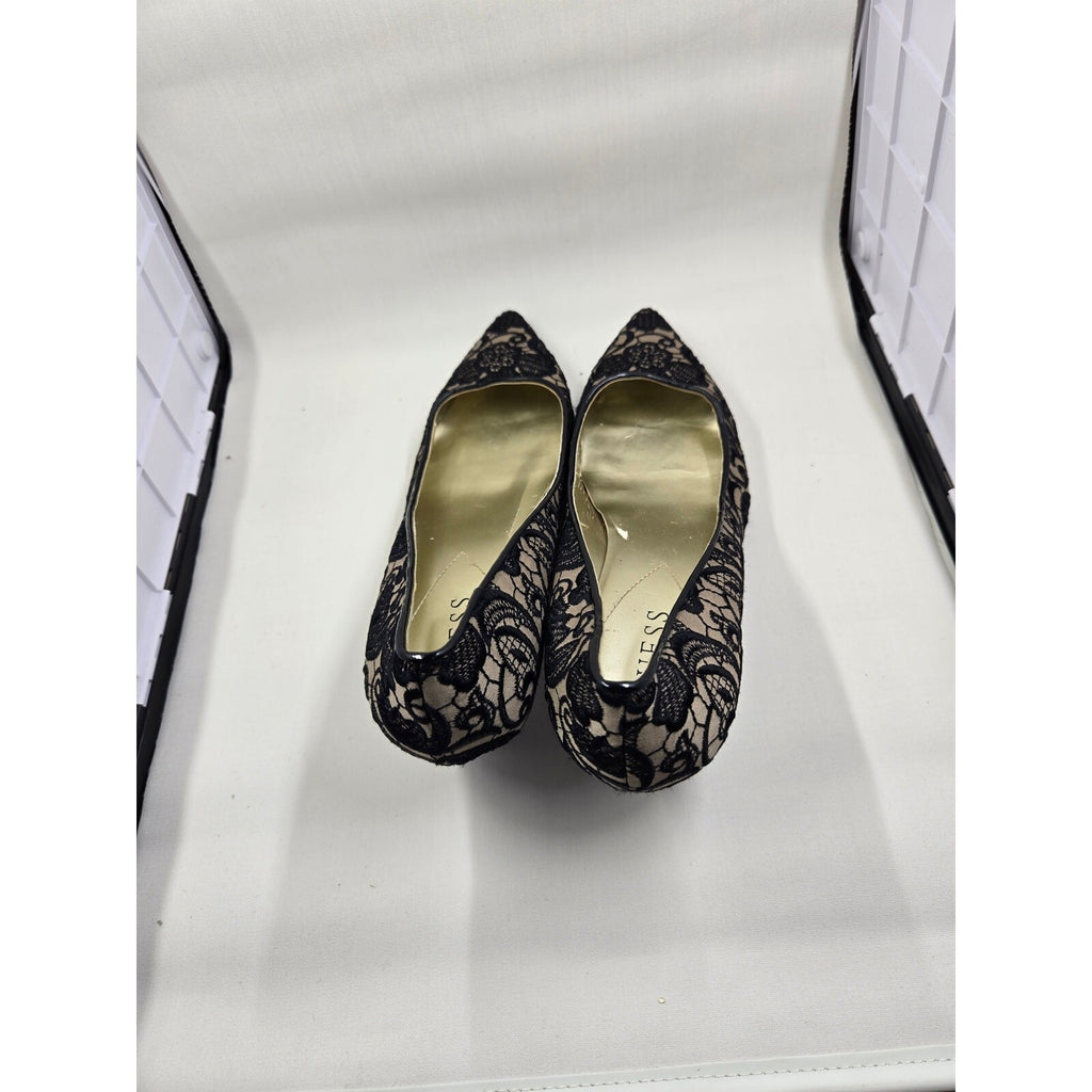 Guess Black Floral Lace Pointed Toe Pumps Nude Beige Mesh Stiletto Heel 8.5