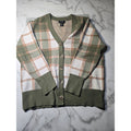 Rachel Zoe Plaid V-Neck Soft Knit Cardigan Sweater Olive Green Cream Size Medium
