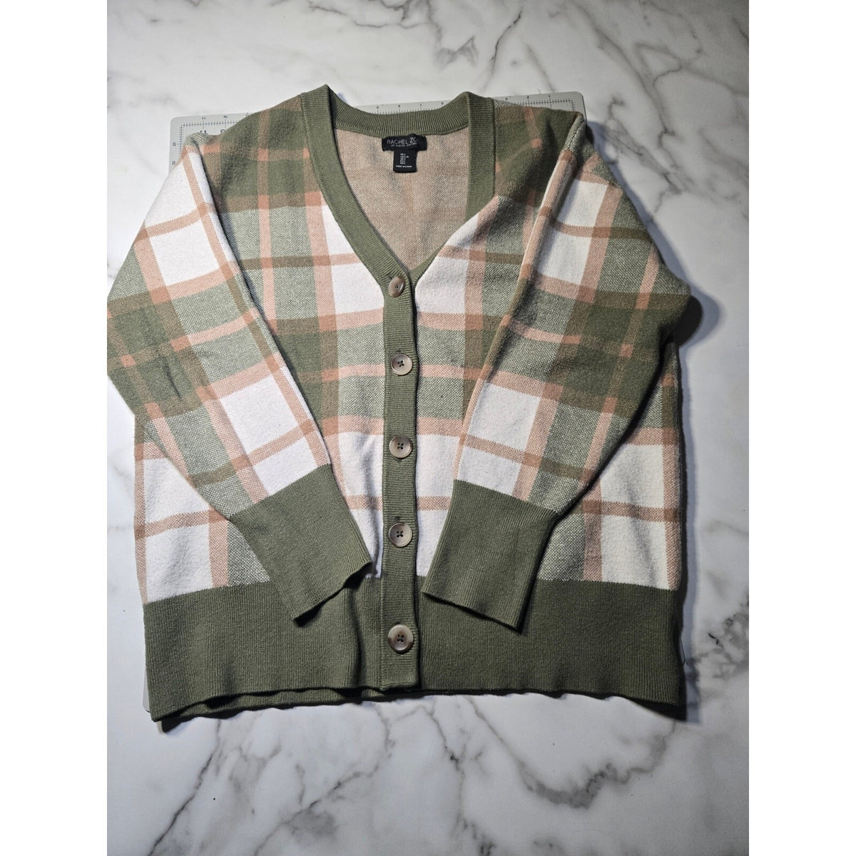 Rachel Zoe Plaid V-Neck Soft Knit Cardigan Sweater Olive Green Cream Size Medium