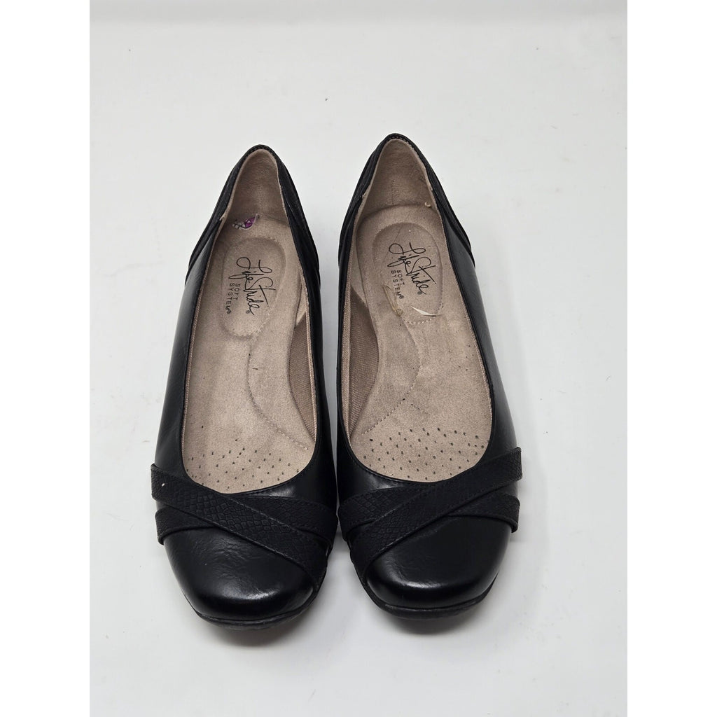 LifeStride Incredible Black Faux Leather Crisscross Comfort Flats Shoes Sz 9.5