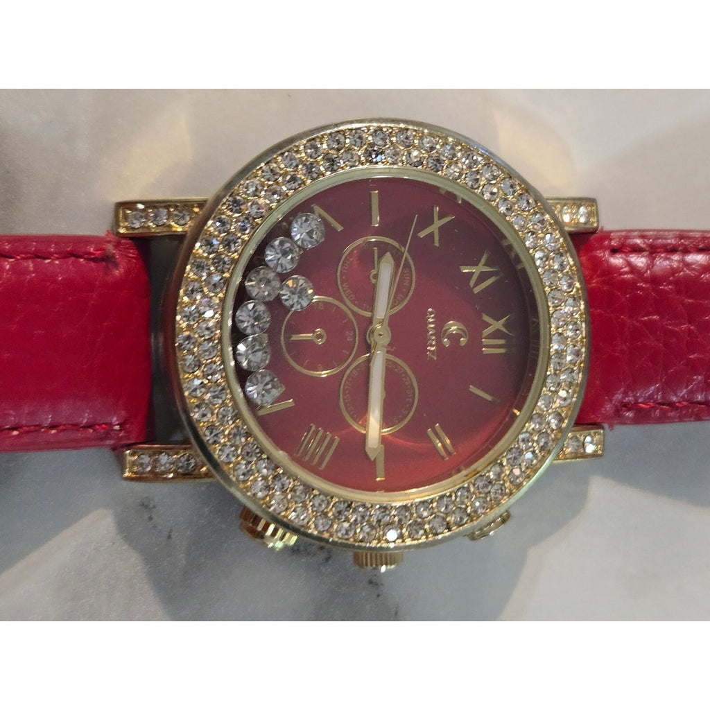 Geneva Platinum Gold Tone Red Dial Rhinestone Floating Crystal Accent Quartz