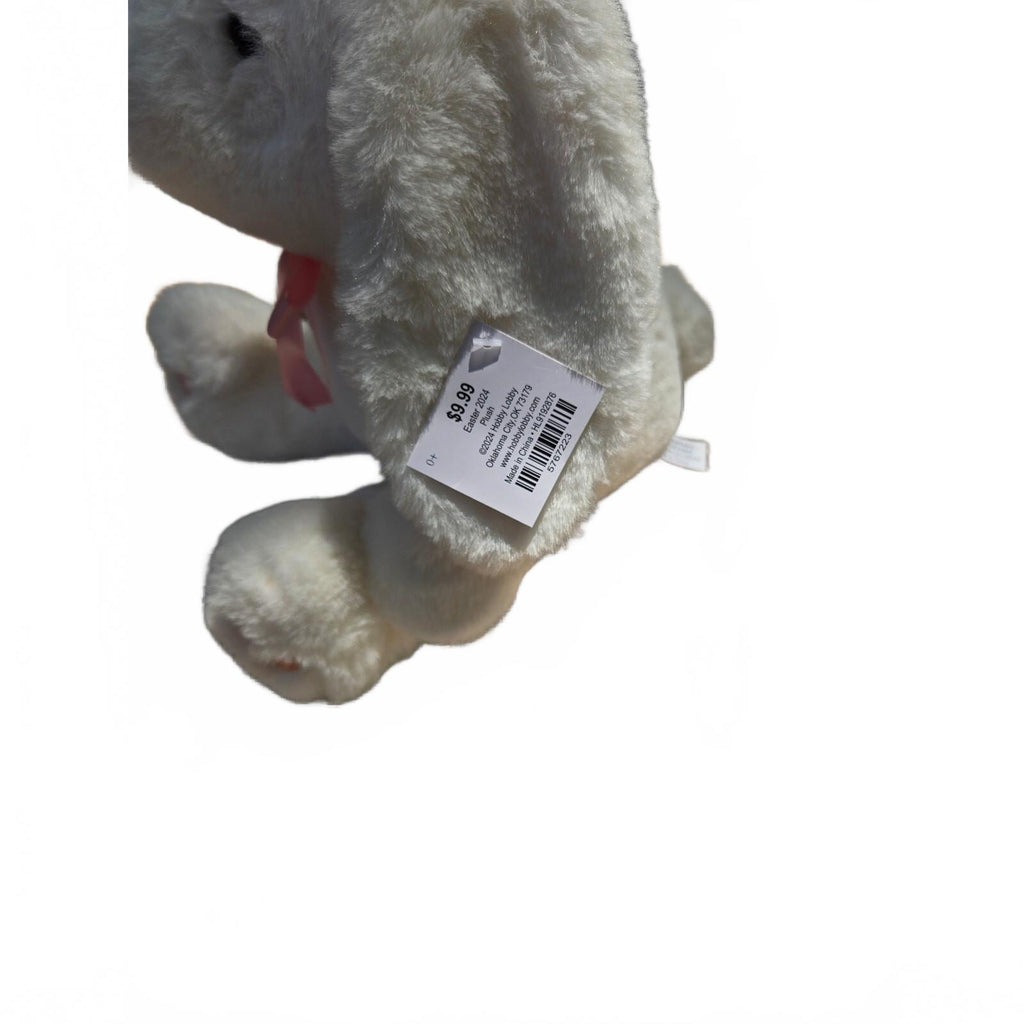 White Easter Bunny Plush Rainbow Knit Inner Ears Pink Satin Ribbon Bow