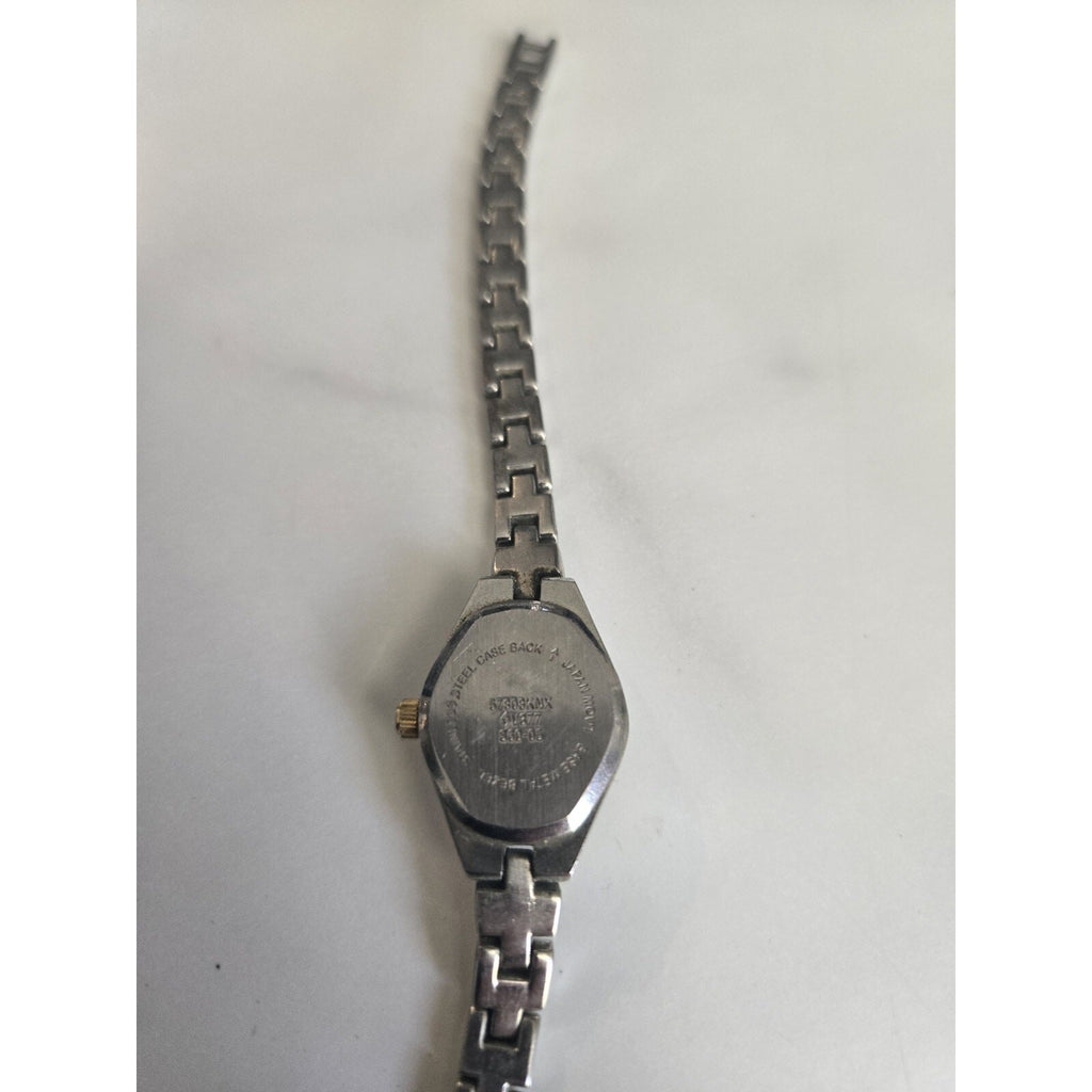 Wristwatch Silver & Gold Toned Link Band Round Pink Face Elegant