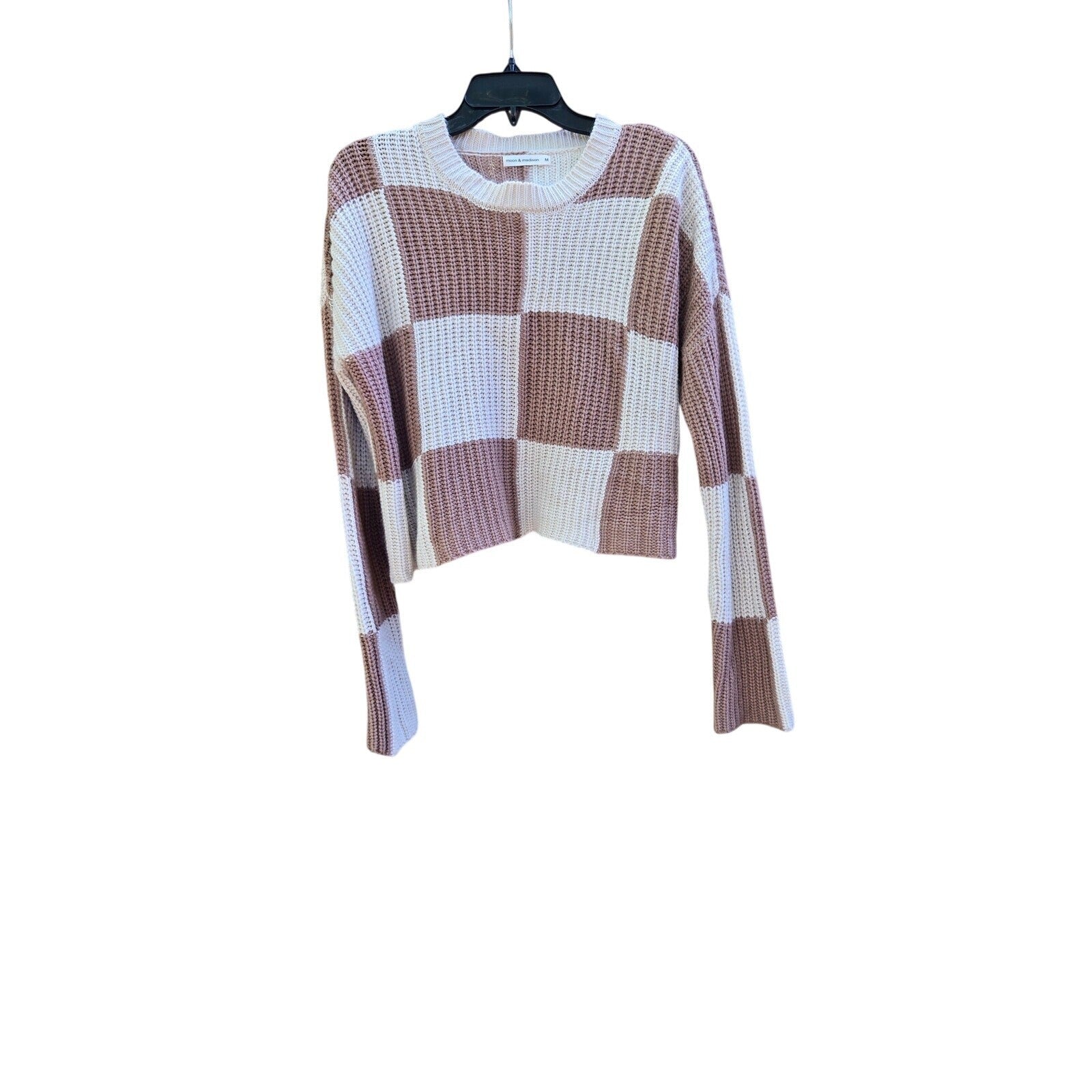Moon & Madison Women's Medium Checkered Cropped Sweater Beige Brown