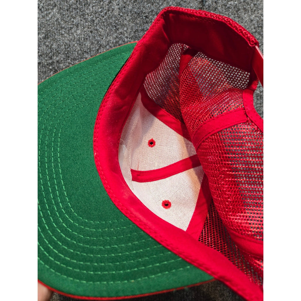 Vintage 80s Cincinnati Reds MLB Red Trucker Snapback Hat with Green Underbrim -