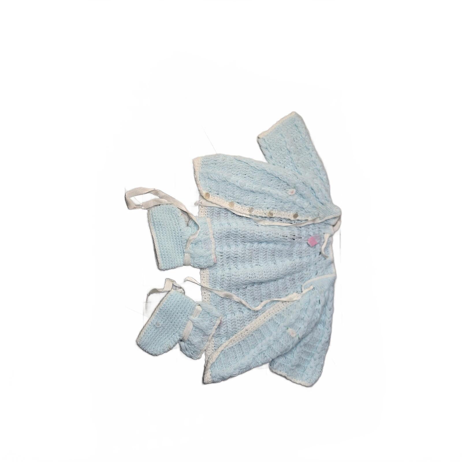 Vintage Handmade In Korea Baby Sweater And Booties set Blue And White