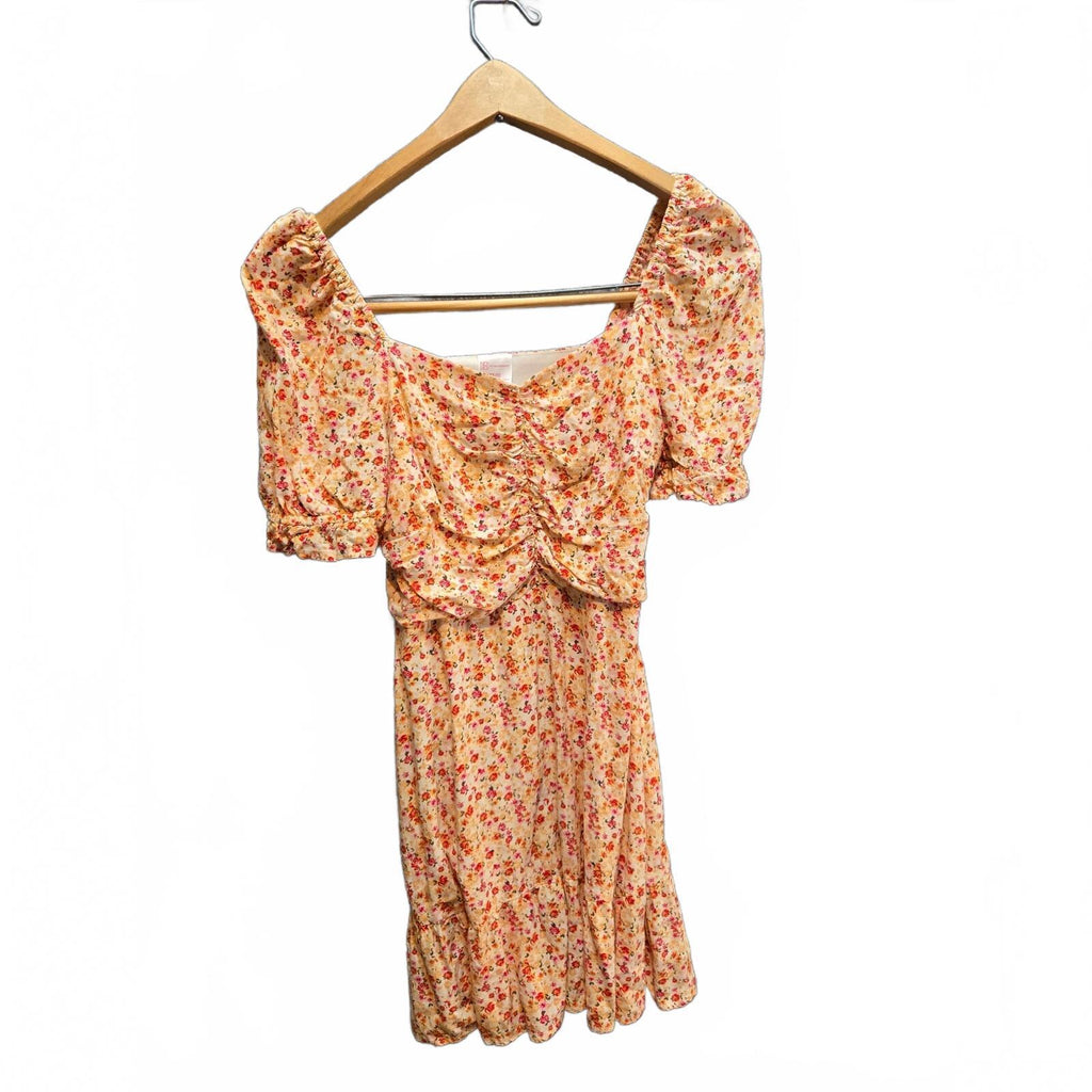No Boundaries Floral Puff Sleeve Mini Dress Square Neck Ruffle Hem Size 1