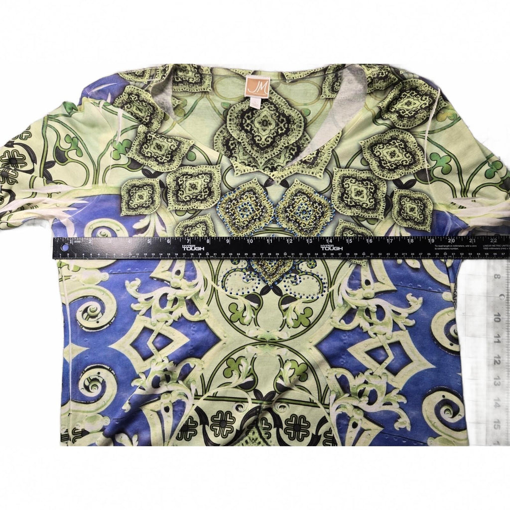 JM Collection Women's Large Paisley Print Knit Top with 3/4 Sleeves in Green