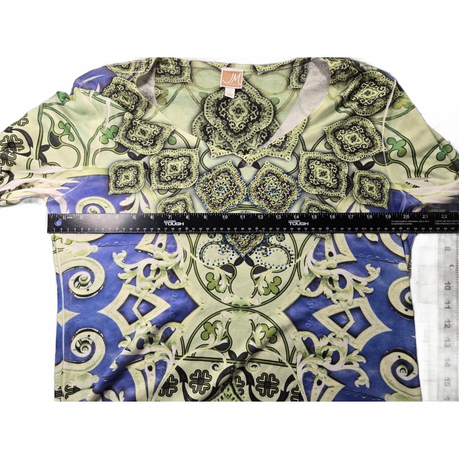 JM Collection Women's Large Paisley Print Knit Top with 3/4 Sleeves in Green