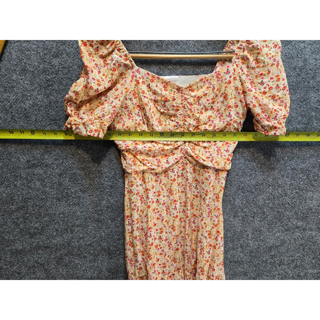 No Boundaries Floral Puff Sleeve Mini Dress Square Neck Ruffle Hem Size 1