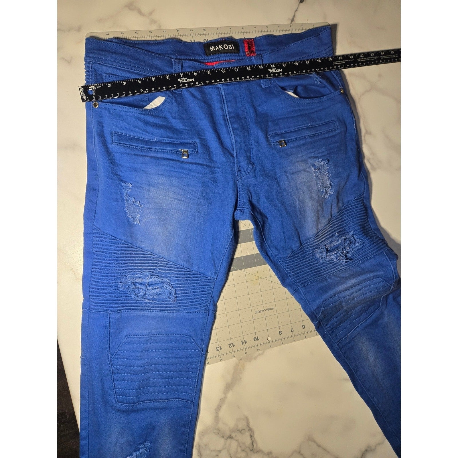 Makobi Biker Denim Royal Blue Heavily Distressed Mens Jeans Size 36 Blue