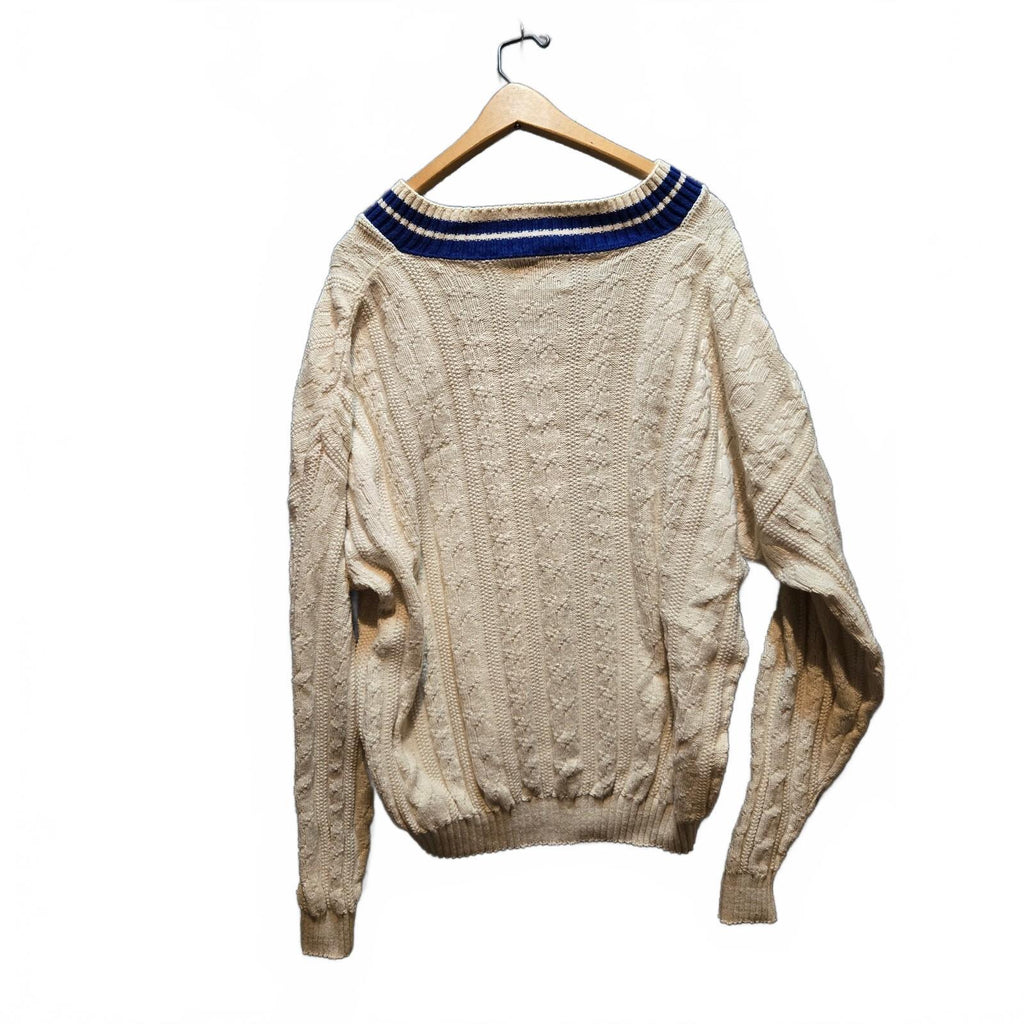 VTG 1990s Nutmeg Mills Varsity Cable Knit Tennis Sweater V-Neck Cream  L/XL