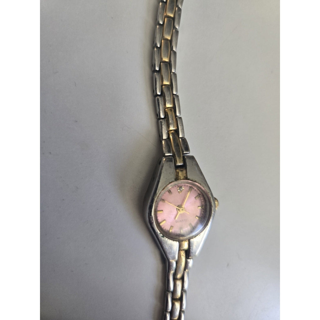 Wristwatch Silver & Gold Toned Link Band Round Pink Face Elegant