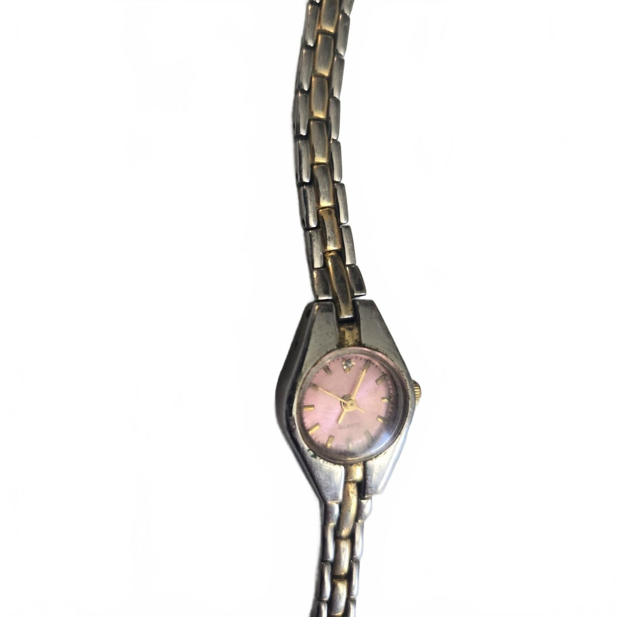 Wristwatch Silver & Gold Toned Link Band Round Pink Face Elegant