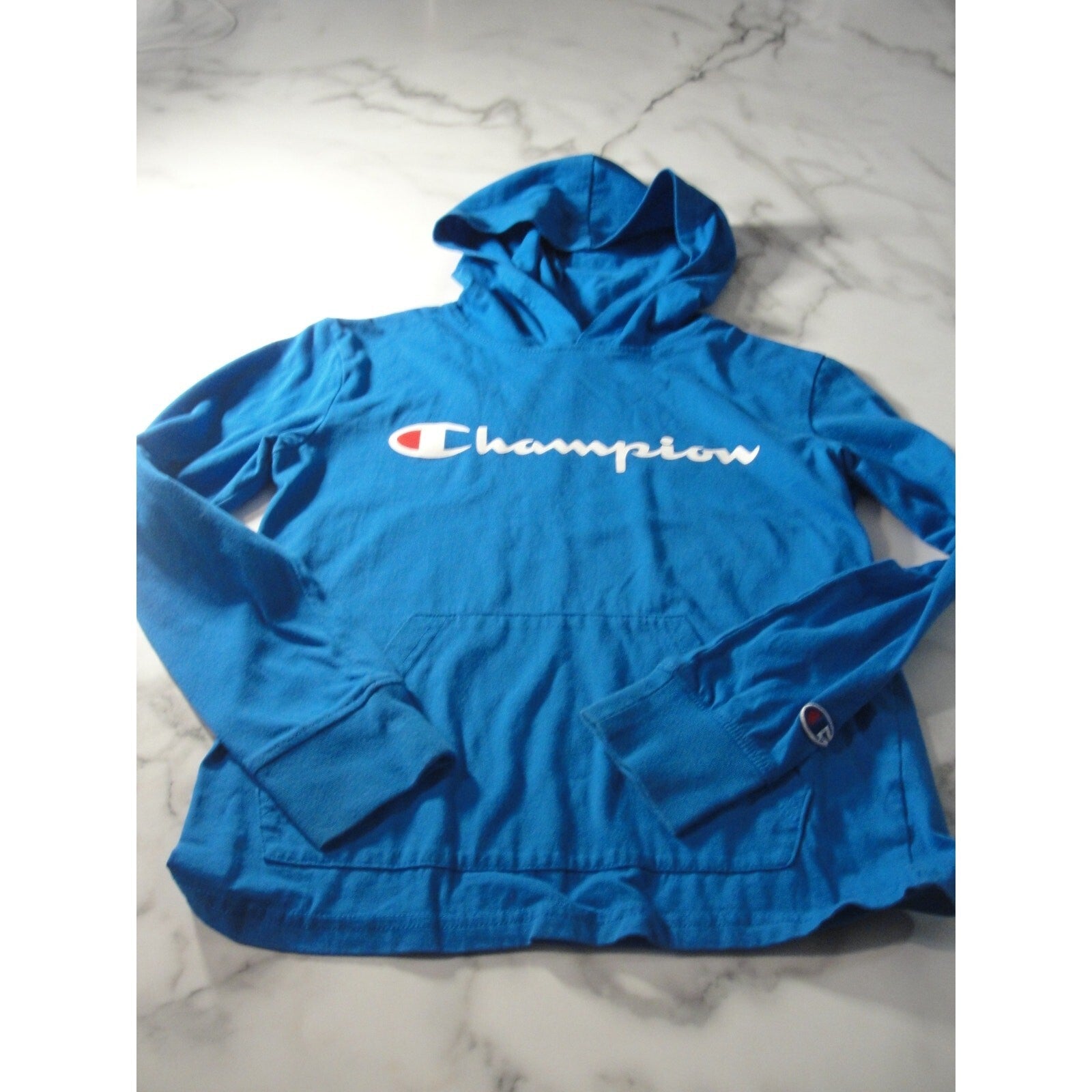 Champion hooded Blue logo Youth Medium long sleeve shirt