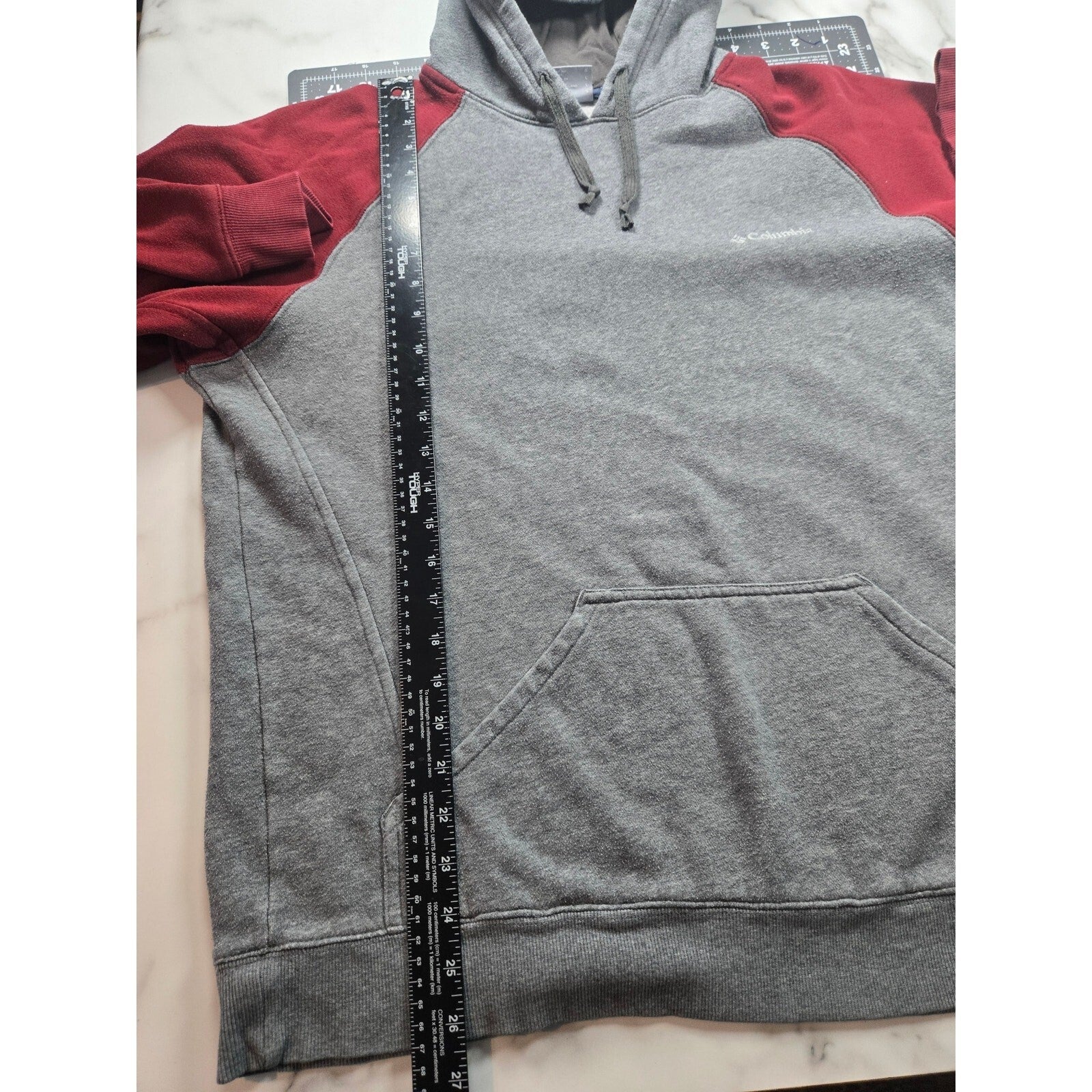 Columbia Men Hoodie Size Large Gray Maroon Pullover Raglan Fleece Sweatshirt