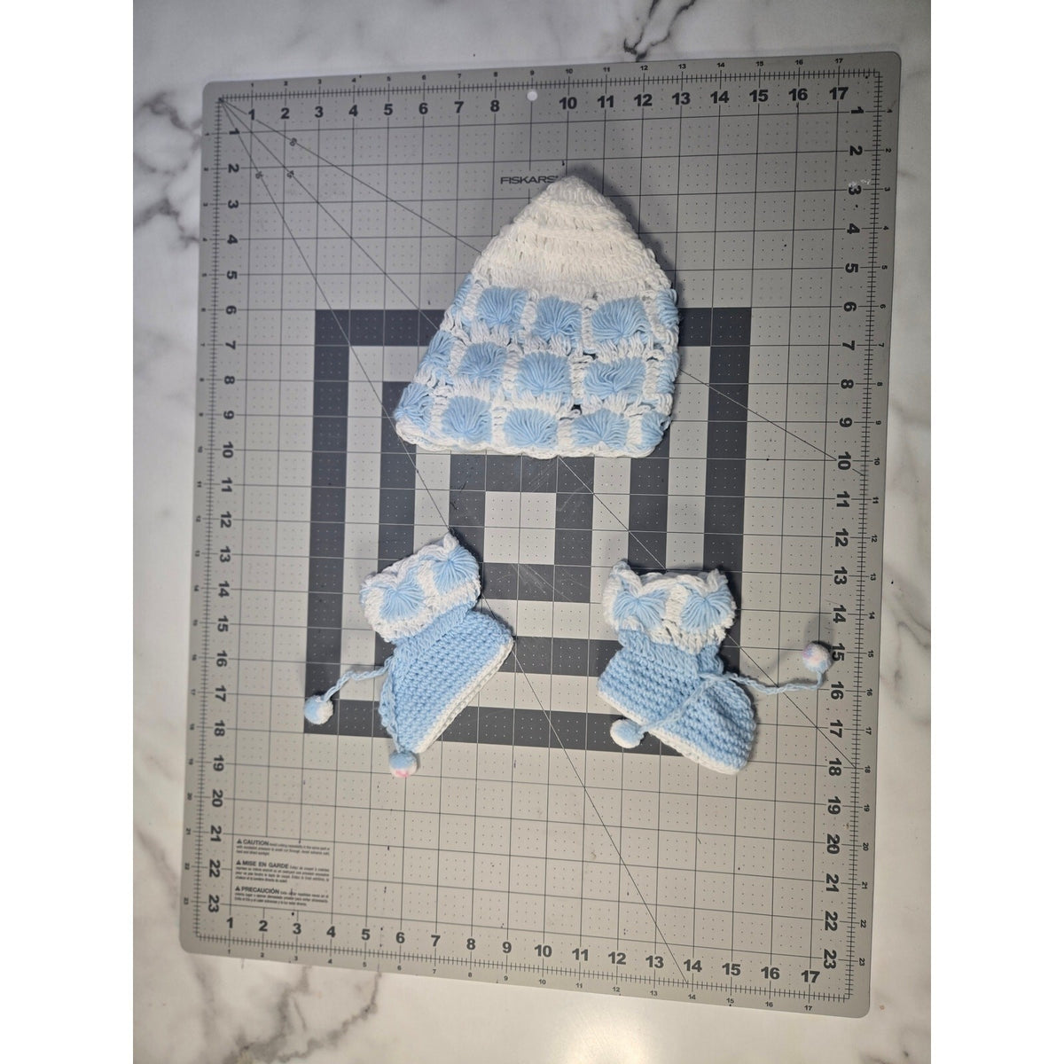 Handmade Crochete Baby Bonnet and Booties Set,  Light Blue And White Newborn Set