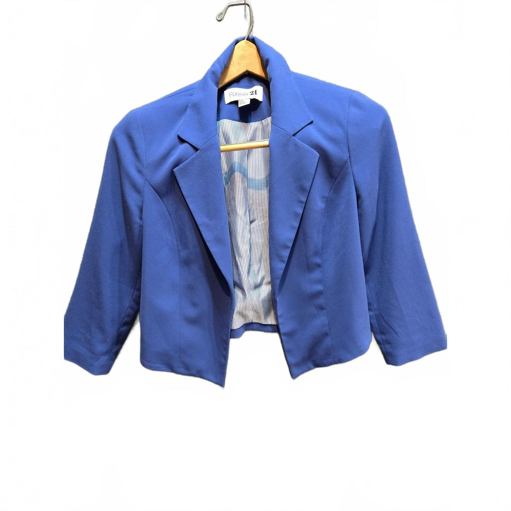 Forever 21 Royal Blue Cropped Blazer Open Front 3/4 Sleeve Jacket Size small