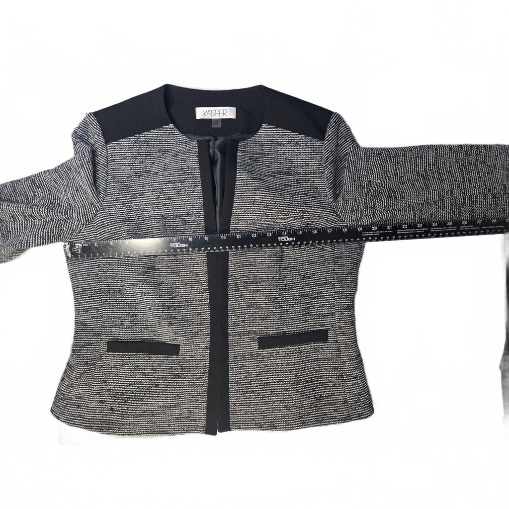 Kasper Womens ToP Black and White Tweed Open Front Collarless Blazer Yoke Combo