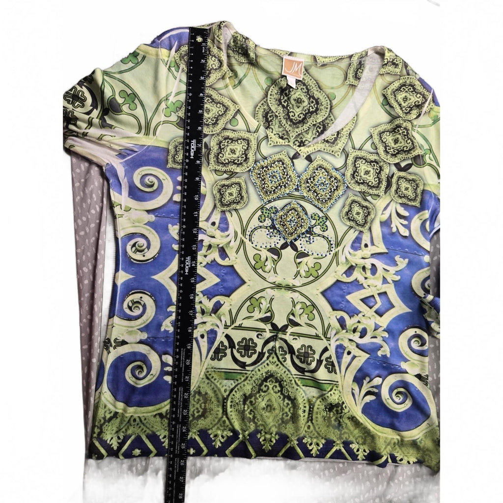 JM Collection Women's Large Paisley Print Knit Top with 3/4 Sleeves in Green