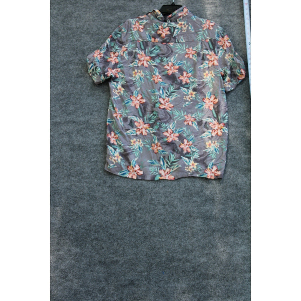 Men's Grey Tropical Hibiscus Floral Print Short Sleeve Hawaiian Button-Up  xl
