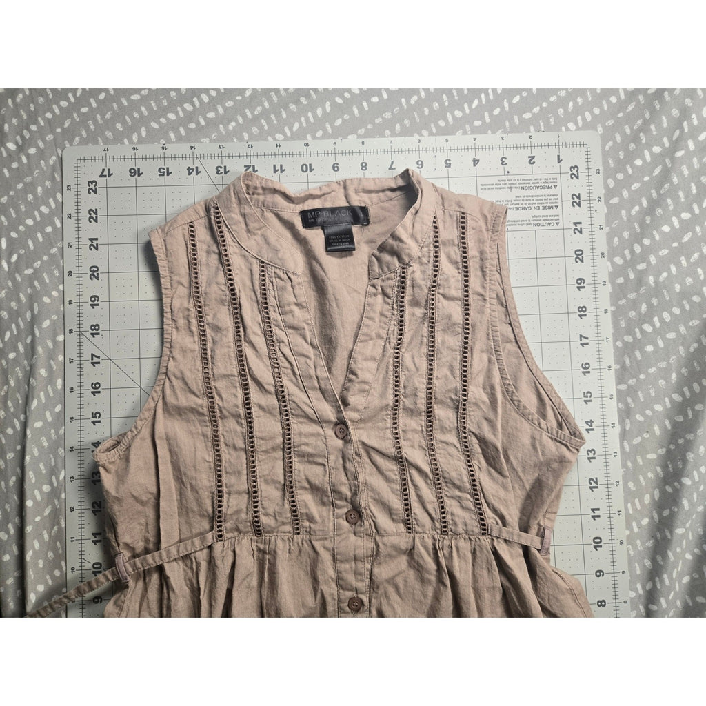 MP Black Tie waist Sleeveless Shirt Tan Beige Stitched Pleat Bodice Size L