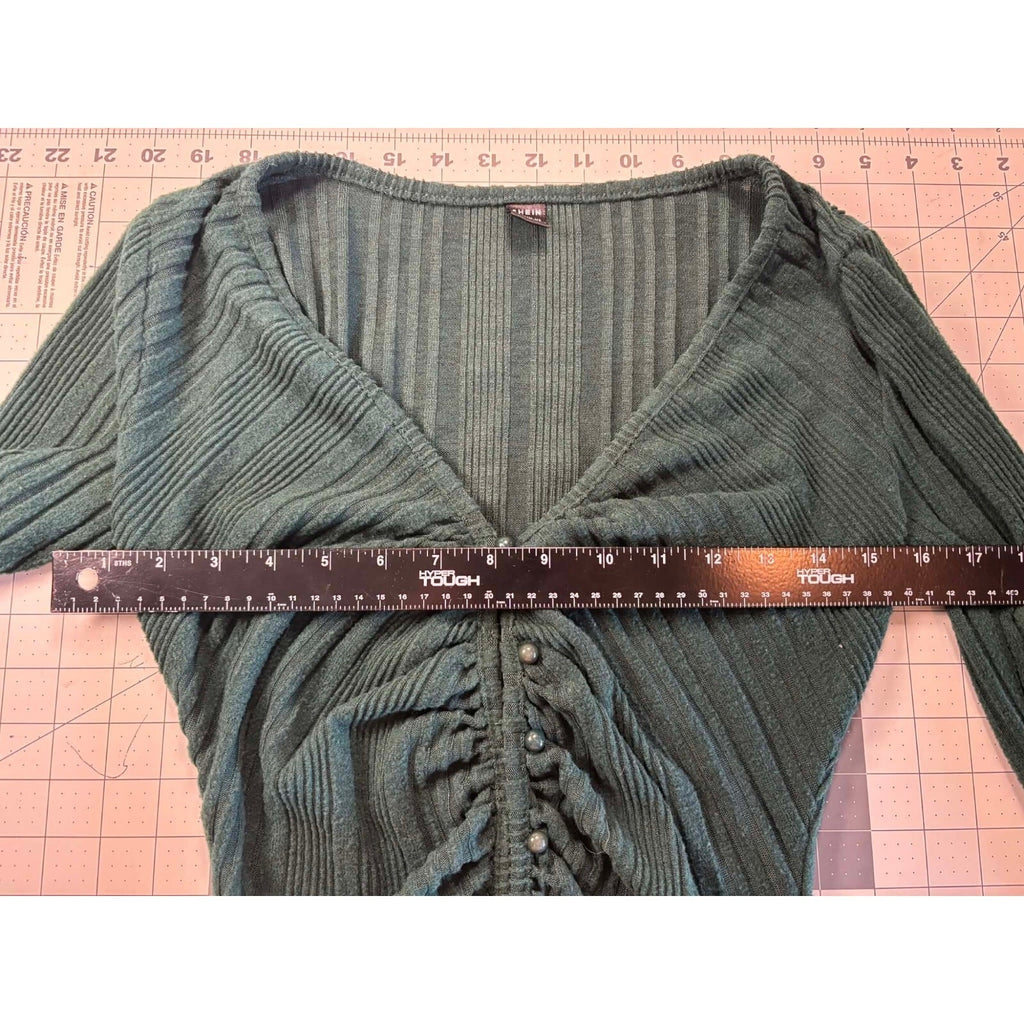 SHEIN Dark Olive Green Ribbed Cropped Button-Front Shirt, Size Small, Very Good
