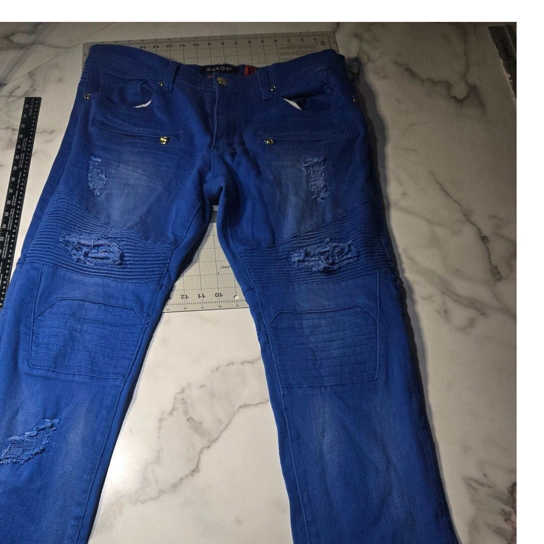 Makobi Biker Denim Royal Blue Heavily Distressed Mens Jeans Size 36 Blue