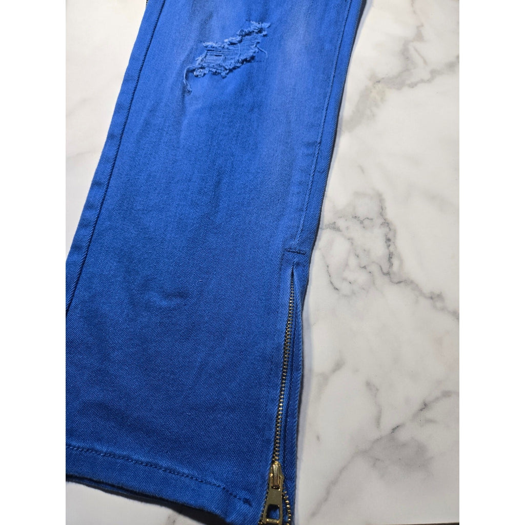 Makobi Biker Denim Royal Blue Heavily Distressed Mens Jeans Size 36 Blue