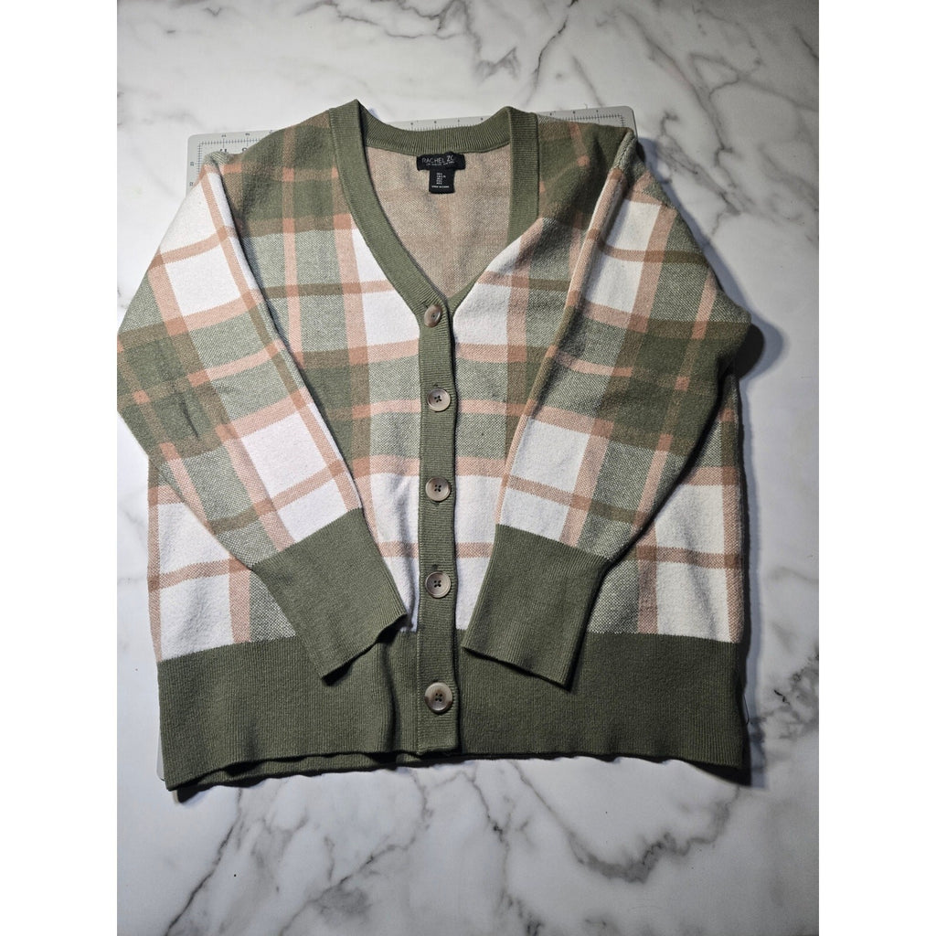 Rachel Zoe Plaid V-Neck Soft Knit Cardigan Sweater Olive Green Cream Size Medium