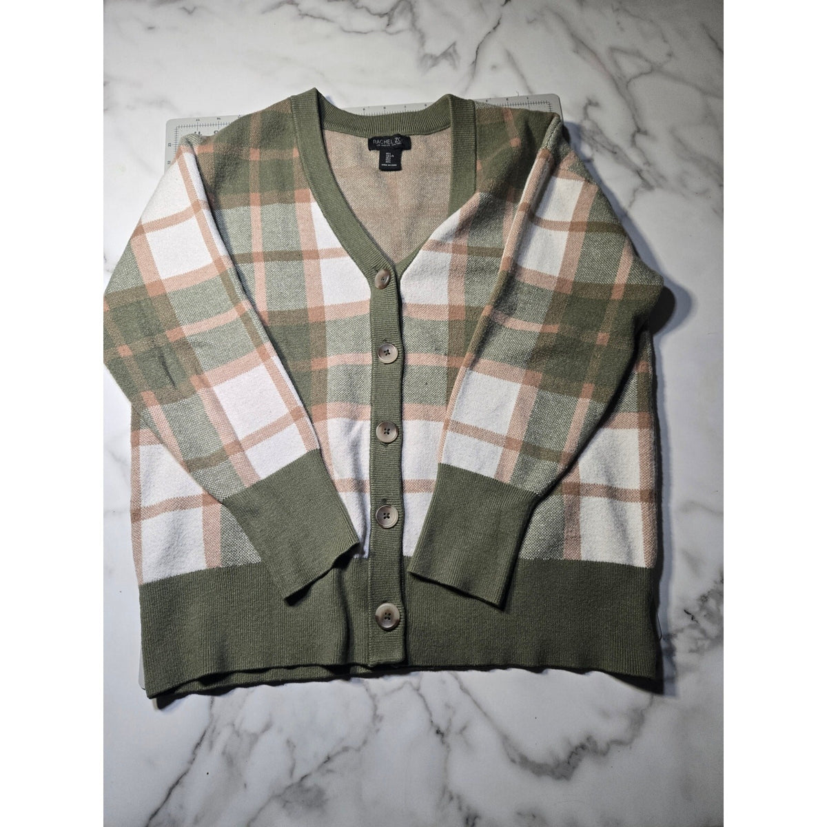 Rachel Zoe Plaid V-Neck Soft Knit Cardigan Sweater Olive Green Cream Size Medium