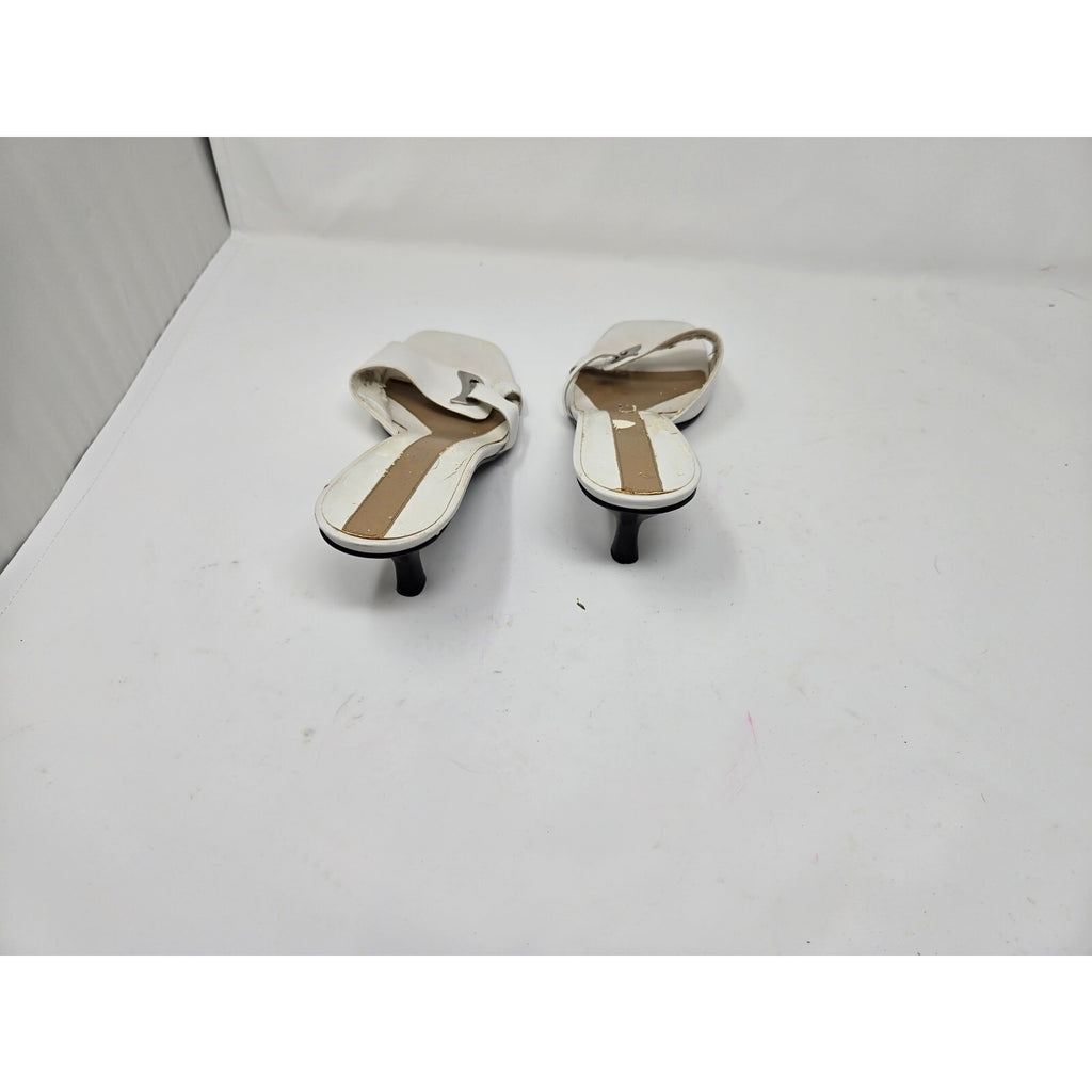 Vintage White Leather Open Toe Slide Sandals Kitten Heels Silver Buckle  9m