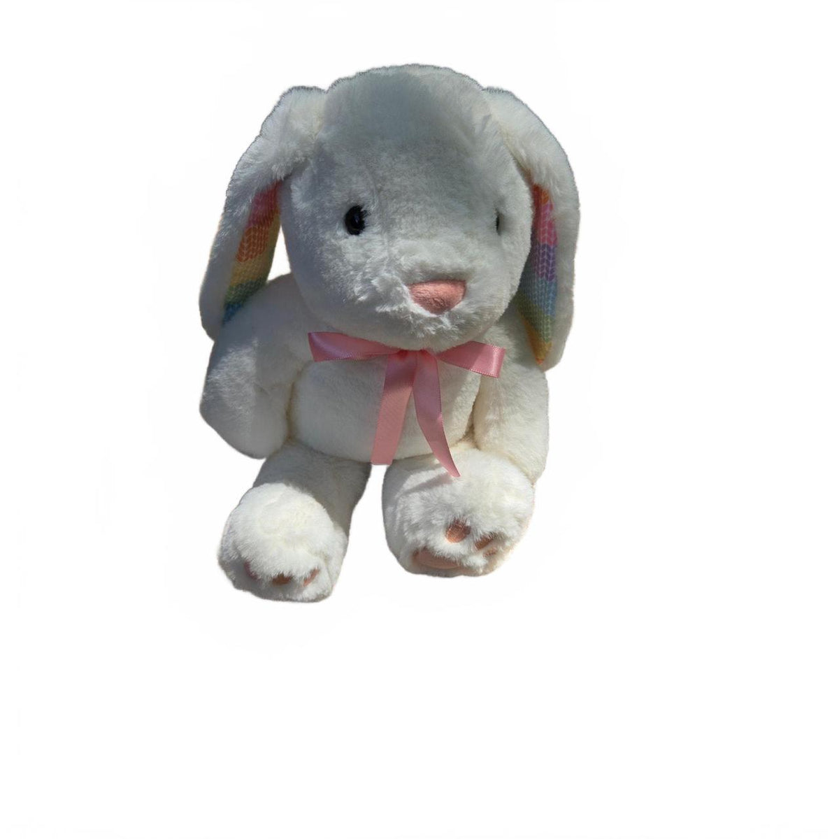 White Plush Bunny Stuffed Animal with Rainbow Ears and Pink Bow – Soft and Cute