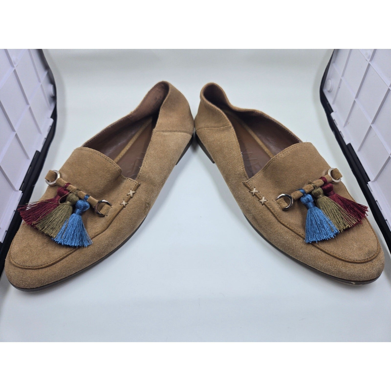 Nine West Suede Tassel Loafers- Tan/ Camel Flat Shoes With Multi-Color Tass S 7M