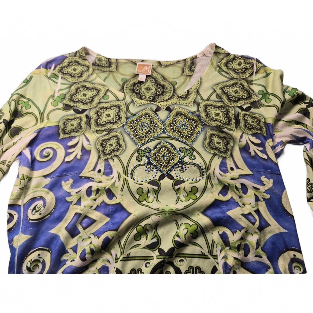 JM Collection Women's Large Paisley Print Knit Top with 3/4 Sleeves in Green