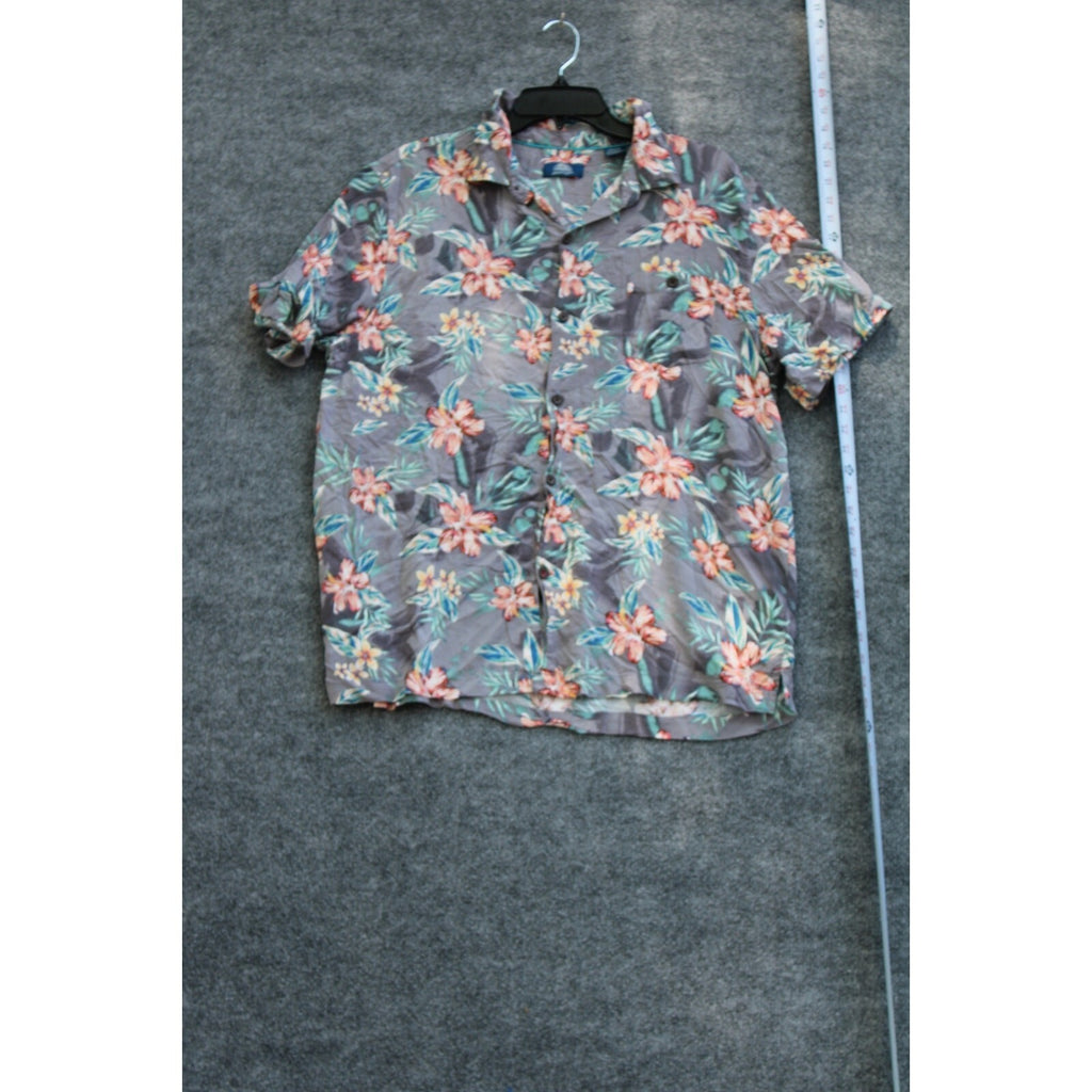 Men's Grey Tropical Hibiscus Floral Print Short Sleeve Hawaiian Button-Up  xl